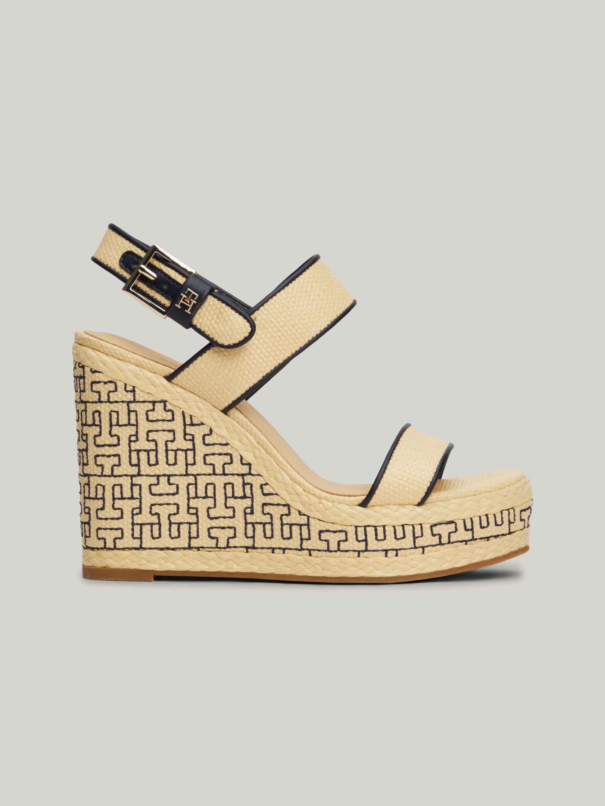 TH Monogram Raffia Wedge Platform Sandals