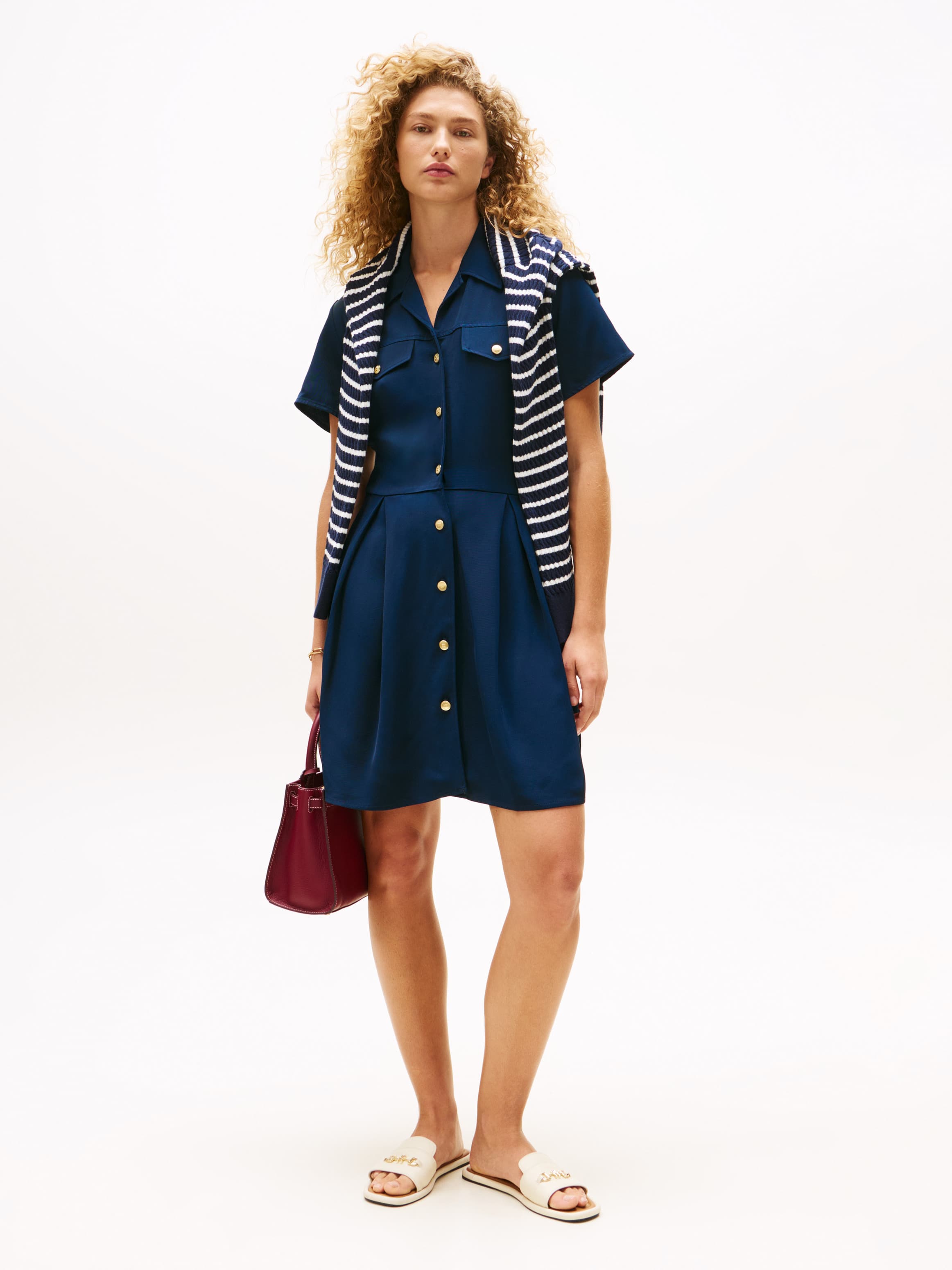 Gold-Tone Button Mini Shirt Dress