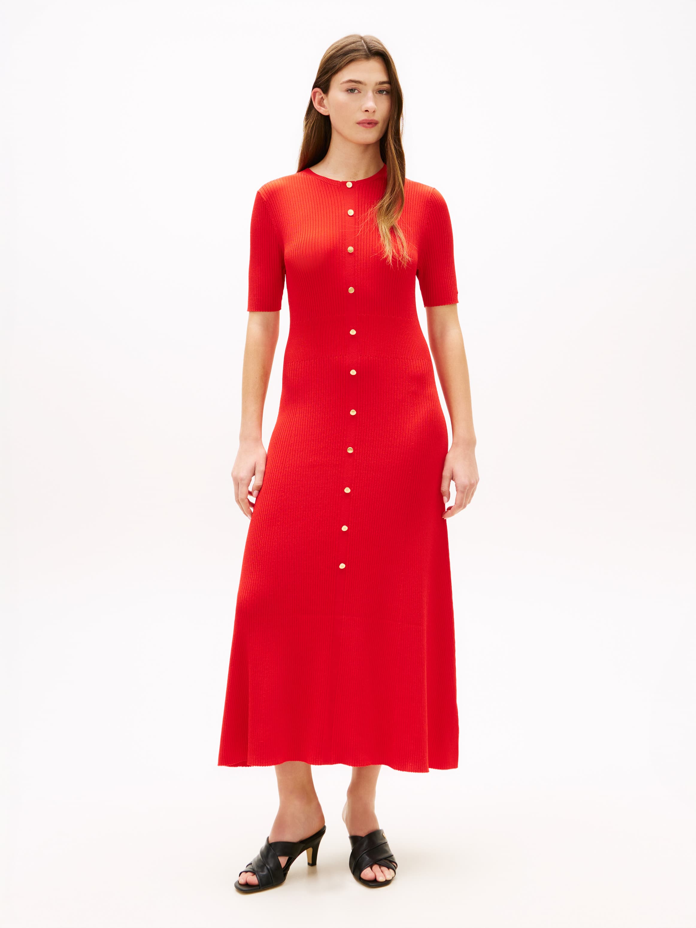 Gold-Tone Button-Through Slim Ribbed Maxi Dress