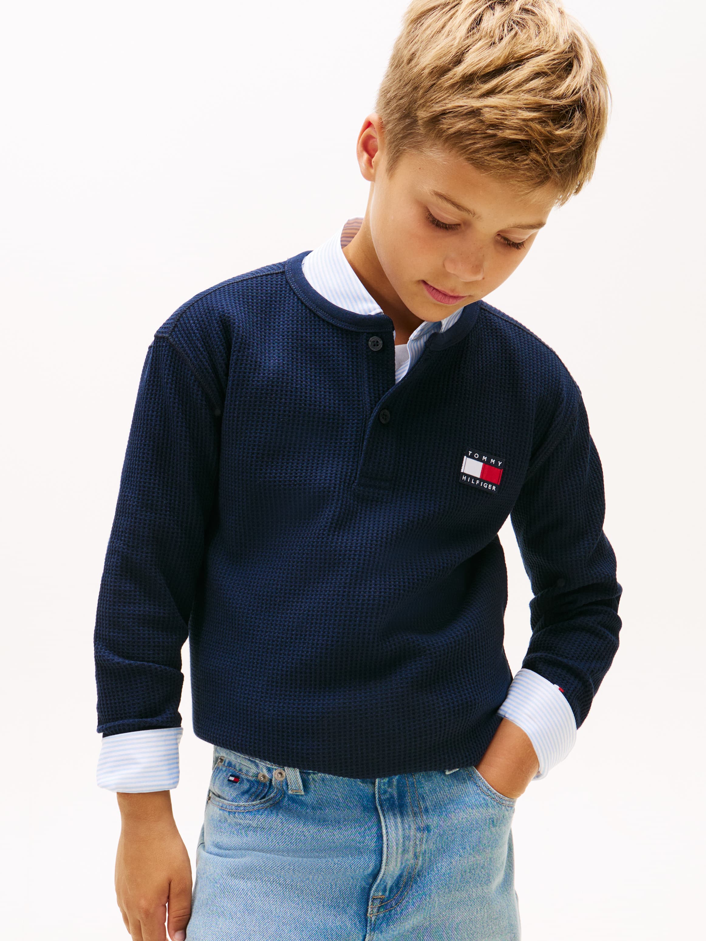 Waffle Knit Henley Long Sleeve T-Shirt
