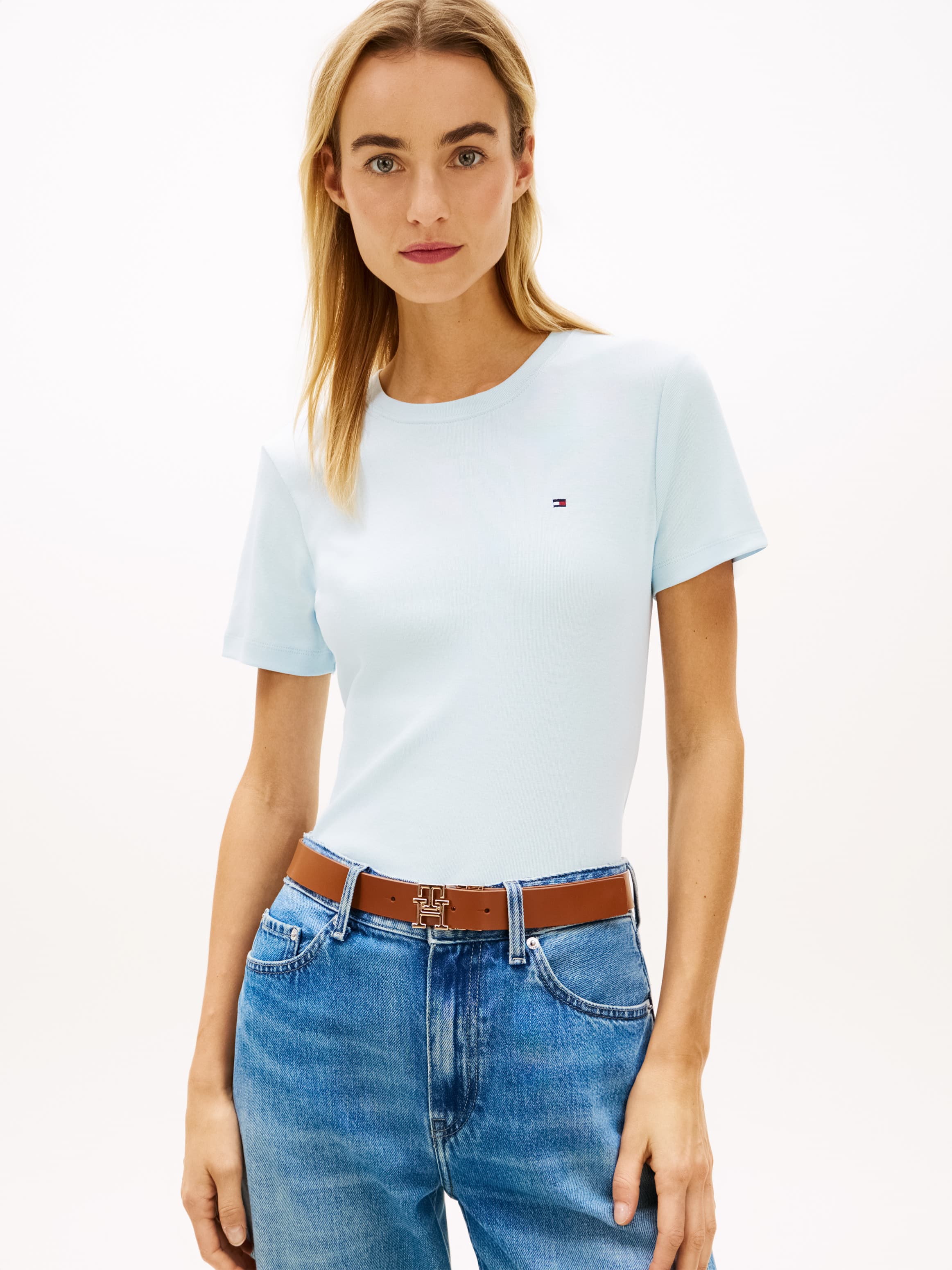 Flag Embroidery Crew Neck Slim T-Shirt