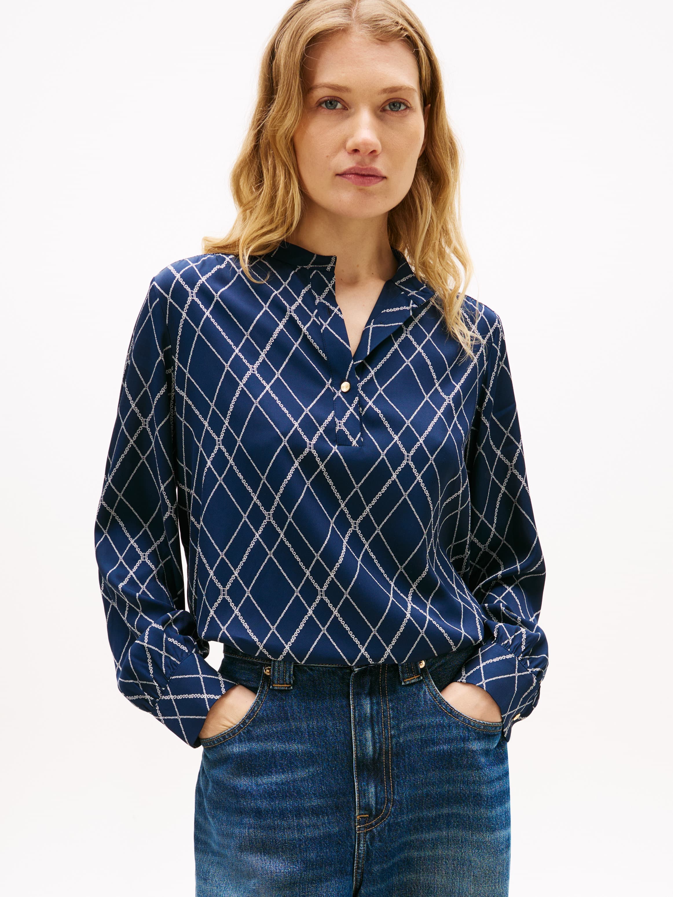Gold-Tone Button Relaxed Twill Blouse